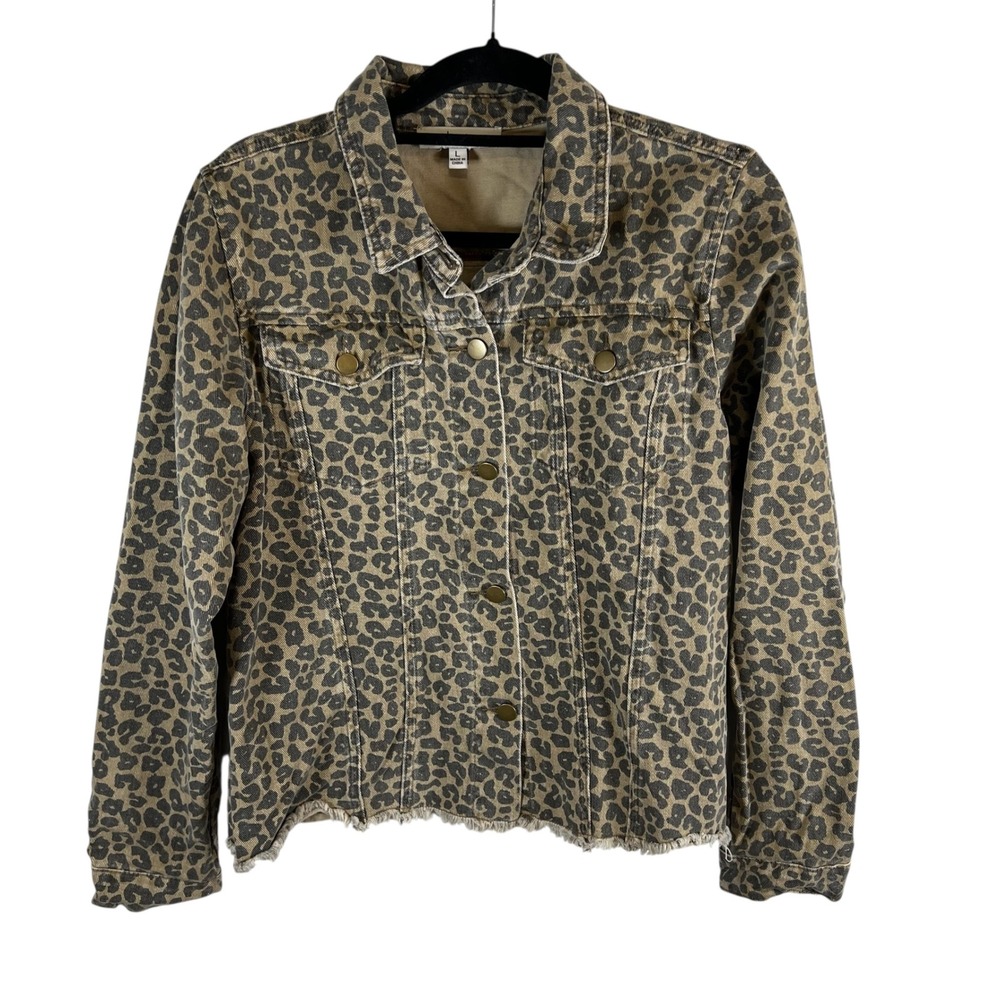 Jack + Avery Womens Leopard Print Denim Jacket‎ Tan Raw Hem Cotton Large Boho